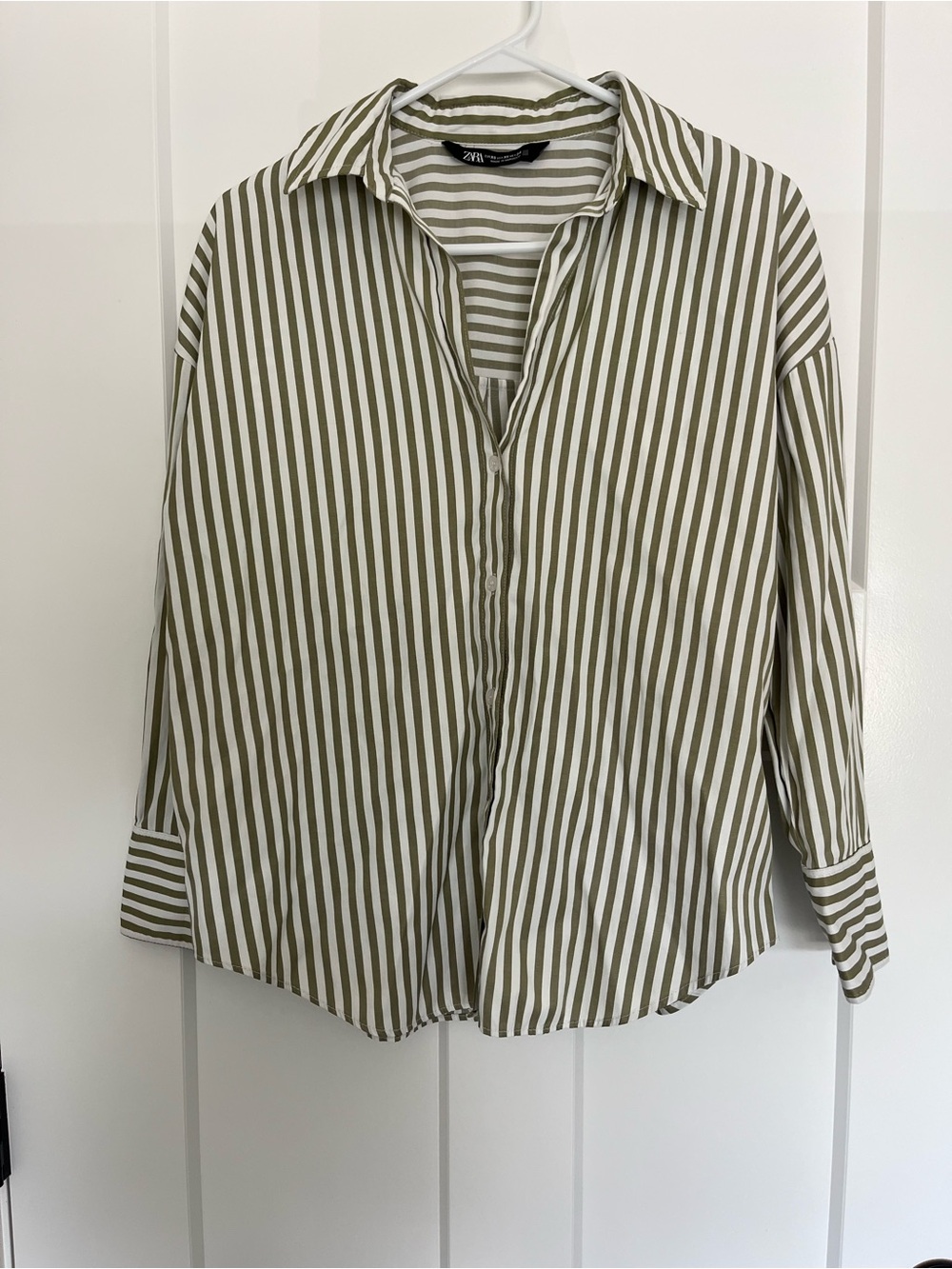 Zara Olive Green and White Vertical Stripe Shirt